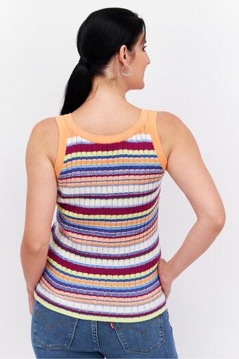 Esprit Women U Neck Sleeveless Stripe Tank Top, Orange Combo