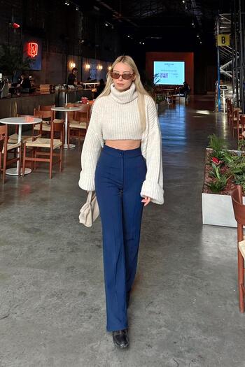Swist Navy Blue High Waist Grassy Lycra Comfortable Knitted Women's Trousers