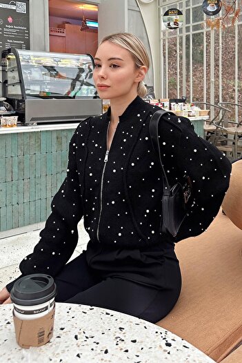 Swist Black Pearl Detailed Zippered Knitted Women's Knitwear Cardigan