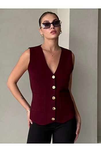 Laluvia Burgundy Cherry Gold Buttoned Vest - 4534