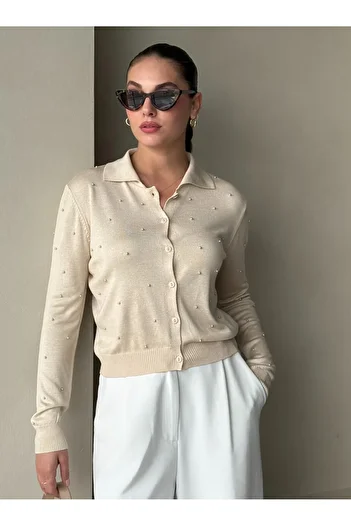 Laluvia Stone Polo Neck Mini Heeled Cardigan -4560