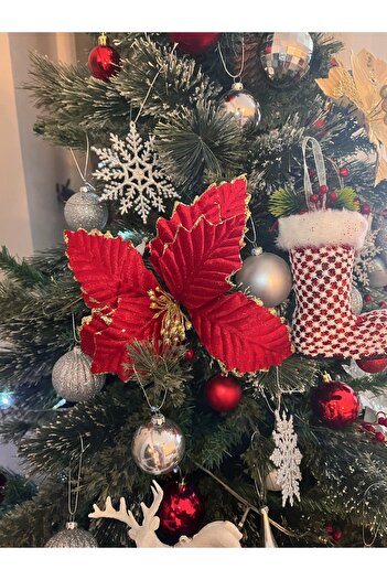 Ayd Home Christmas Red Poinsettia Single Branch Flower Glitter Sequin Christmas New Year Christmas