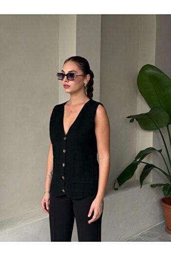 Laluvia Black Cherry Gold Button Vest - 4534