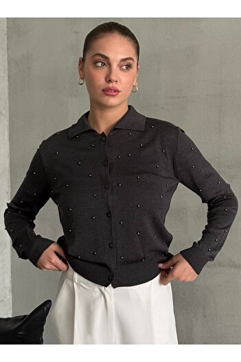 Laluvia Anthracite Polo Neck Mini Heeled Cardigan -4560
