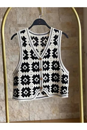 Hatun Atila Beige Color Hatunatila Patterned Süzine Knitwear Vest