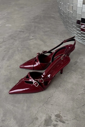 DRK FASHİON Women's Burgundy Patent Leather Buckle Detailed Thin Heeled Stiletto Shoes Nope