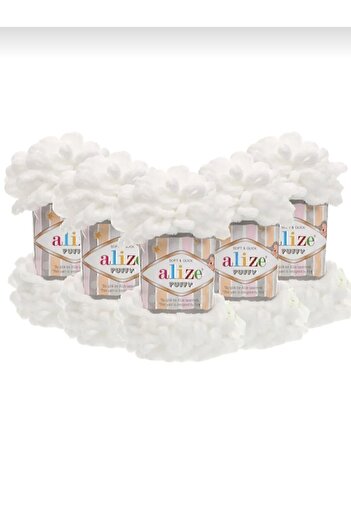 Alize puffy 55 λευκό πακέτο 5 μεγάλο πλεκτό σχοινί με παπιγιόν