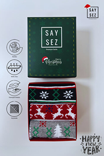 SAYSEZ Bamboo Colored Patterned Christmas Socks - Men's and Women's Gift 3-Pack Christmas