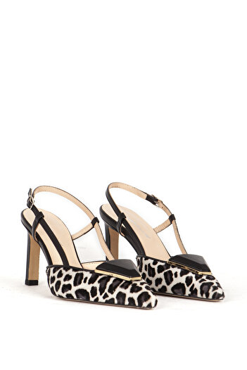 Dericlub LEOPARD Patterned Pointed Toe Buckle Thai Feather Slat Leather Women's Heeled Shoes - SY 27374