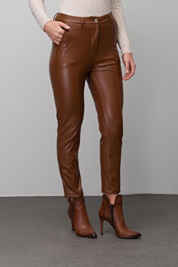 Olcay Deri Görünümlü Dikiş Detaylı Skinny Fit Pantolon TABA 7562