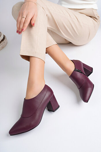 Deripabuc Genuine Leather Burgundy Women's Heeled Leather Shoes Shn-0102