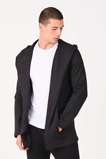 THE RULE Men's Black Regular Fit Hooded Long Poncho Cardigan
