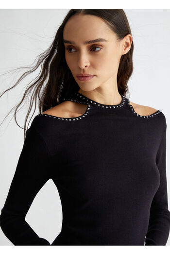 Liu Jo Women's Off-The-Shoulder Long Sleeve Stone Detail Long Black Dress Wf4530Ms49I-22222