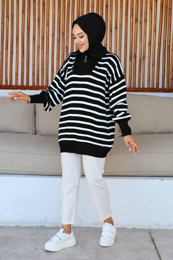 İmajButik Pulover din tricot cu dungi cu guler negru