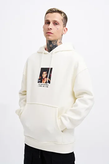 Machinist Men's Muhammad Ali Printed Hooded Ecru Sweatshirt