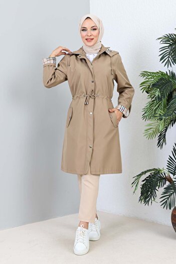 İmajButik Mink Plus Size Hooded Trench Coat