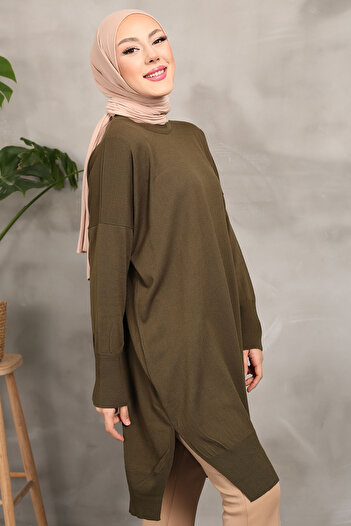 İmajButik Χακί Crew Neck Mercerized Casual Knitwear Tunic