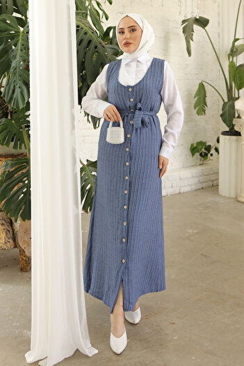 İmajButik Φόρεμα Gilet πουκάμισο Indigo με κουμπιά