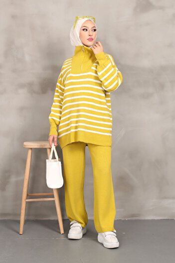 İmajButik Oil Green Collar Zippered Striped Knitwear Suit