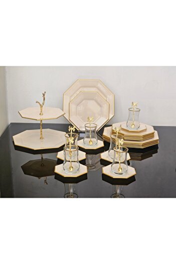 atabey home collection Cream Gold Glass 6-Piece 31-Piece Cake Tea Serving Treat Set
