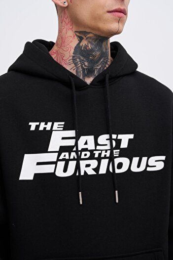 Machinist Men's Fast Furious Printed Hooded Oversize Black Sweatshirt