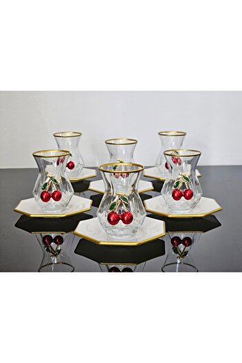 atabey home collection ATLAS KREM 18 PARÇA KİRAZLI ÇAY SETİ KİRAZ ÇAY KAŞIKLI ALYA BARDAK