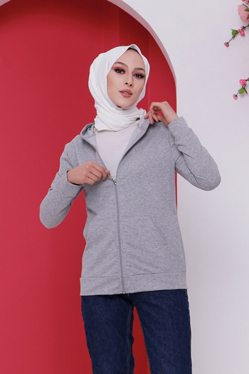 İmajButik Gray Hooded Sweatshirt Cardigan with Front Zipper Pocket