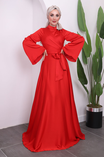 İmajButik Satin Red Evening Dress with Front Tie and Sleeve Flywheel