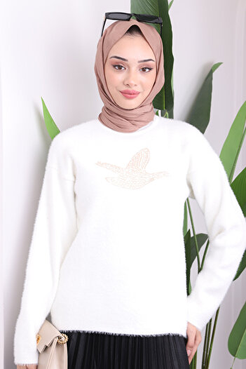 İmajButik Ecru Embroidered Beard Knitwear Sweater