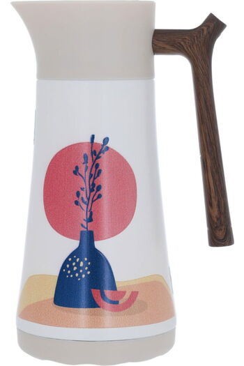 Alsaif Gallery Gloria Steel Saif Gallery Thermos, 1 Liter, Engraved, Wooden Handle - Beige