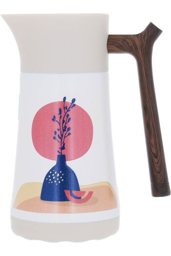 Alsaif Gallery Gloria Steel Saif Gallery Thermos, 0.35 L, Engraved, Wooden Handle - White and Beige