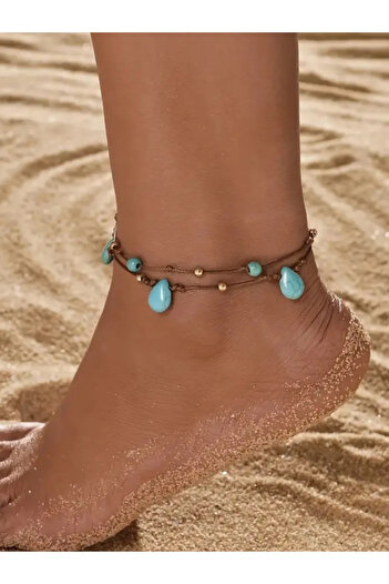 By Song Aksesuar Turquoise Drop Natural Stone Anklet
