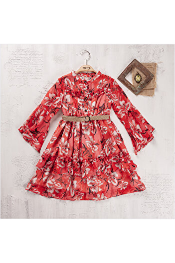 Elayza Girl's Waist Elastic Lined Belt Buttoned Chiffon Dress