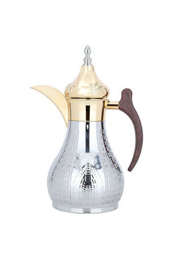 Alsaif Gallery Haila Thermos, Silver, Embossed, Golden Mouth, Wooden Handle, 1 Liter