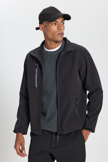 ALTINYILDIZ CLASSICS Men's Black Softshell Standard Fit Regular Fit Stand Collar Zipper Side Pocket Coat