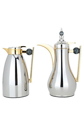 Alsaif Gallery Alaa Nickel Thermos Set With Gray And Gold Marble Handle, Two Pieces