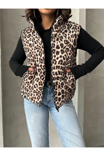 Miss Allos Women's Leopard Print Double Pocket Zippered Puffer Quilted Vest