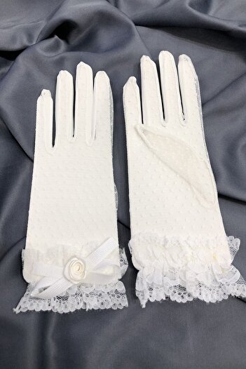 Hobigram White Lace Detailed Short Length Bridal Gloves Wedding Accessories – Party Gloves, Stylish Design – Party Eld