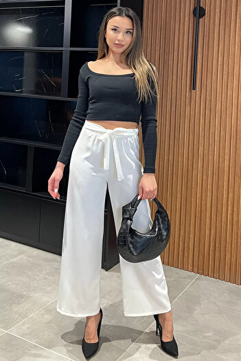 GÜLSELİ White Lace-Up Wide Leg Comfortable Women's Fabric Trousers