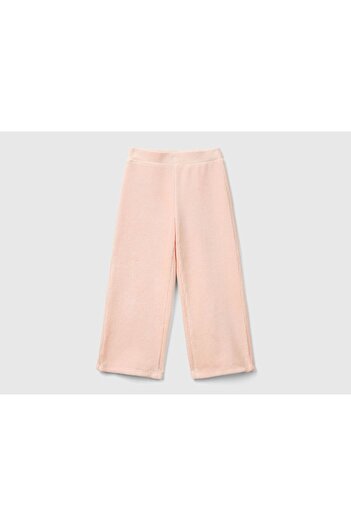 United Colors of Benetton Girl's Dusty Pink Wide Leg Trousers with Logo Embroidery on the Back