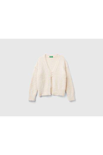 United Colors of Benetton Girl's Ecru Cardigan with 3 Buttons and Side Slits