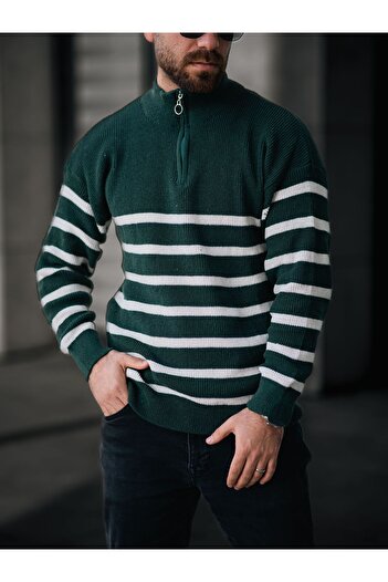 Know Men's Green and White Half Zipper Stand Collar Striped Knitwear Sweater