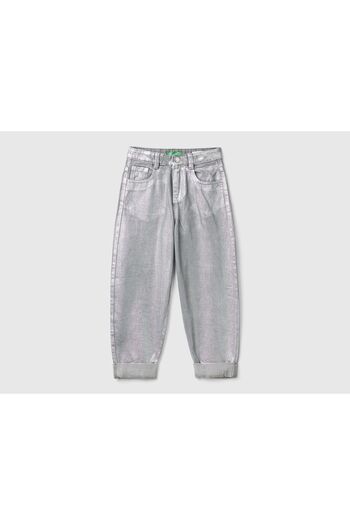 United Colors of Benetton Pantaloni pentru fete cu picior îndoit cu efect folosit, argintiu, cu detaliu de logo pe spate
