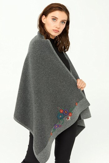 Desen Triko Women's Floral Embroidered Knitwear Shawl Smoked