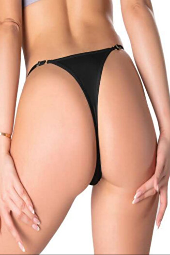 PJ & Me Gold Chain Detailed Micro Fabric Black Color Women's Thong