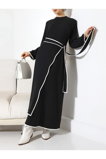 Modamorfo Stand Collar Knitted Crepe Waist Tied Two Piece Dress -Black