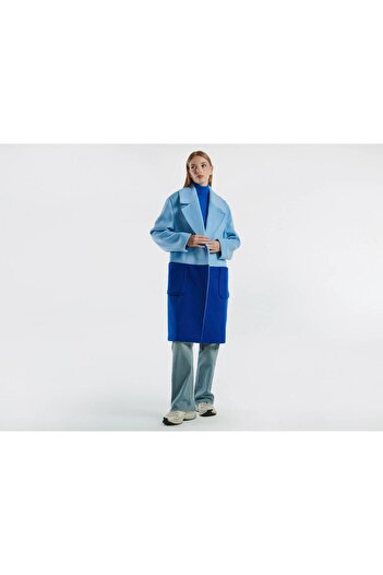 United Colors of Benetton Women's Turquoise Contrast Color Detailed Single Button Coat with Side Pockets