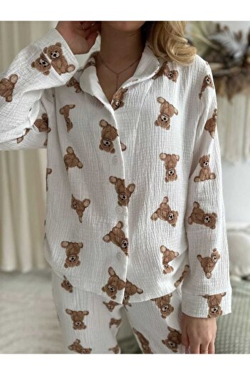 PEMBİŞ HOMEWEAR Bürümcük Shirt Collar Brown Bear Oversize Pajama Set