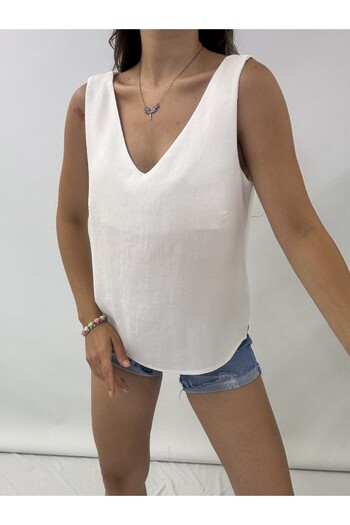 Modamorfo V-Neck Zero Sleeve Linen Blouse -White