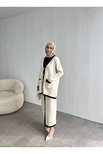 ensade Cardigan Skirt Button Accessory Knitwear Set